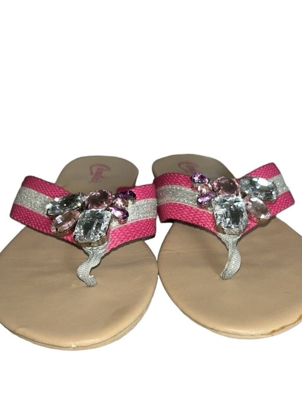 Candie’s Bejeweled Hot Pink and Metallic Silver Flip Flops with Jewels Size 7.5 - Picture 6 of 10